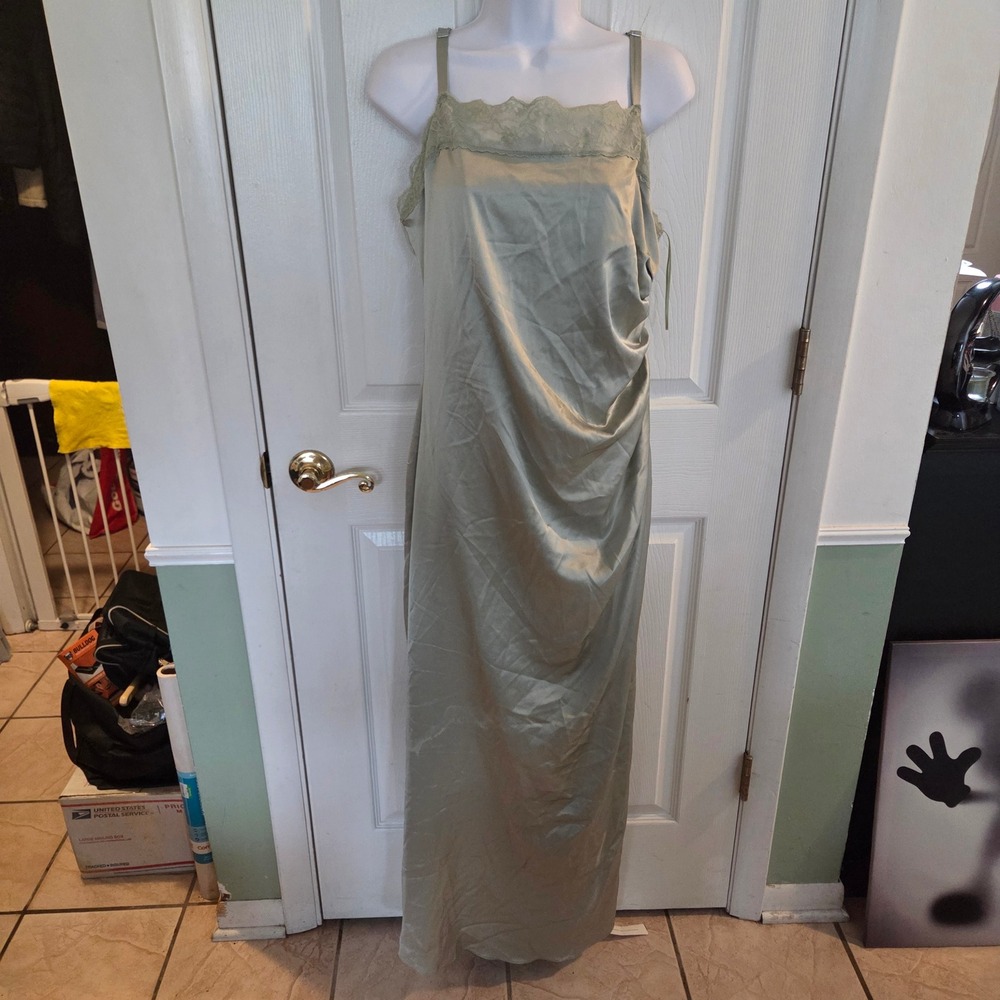 Reformation NEW Sage Green Satin Lace Trim Draped Midi Dress Sz 10 Wedding Guest
